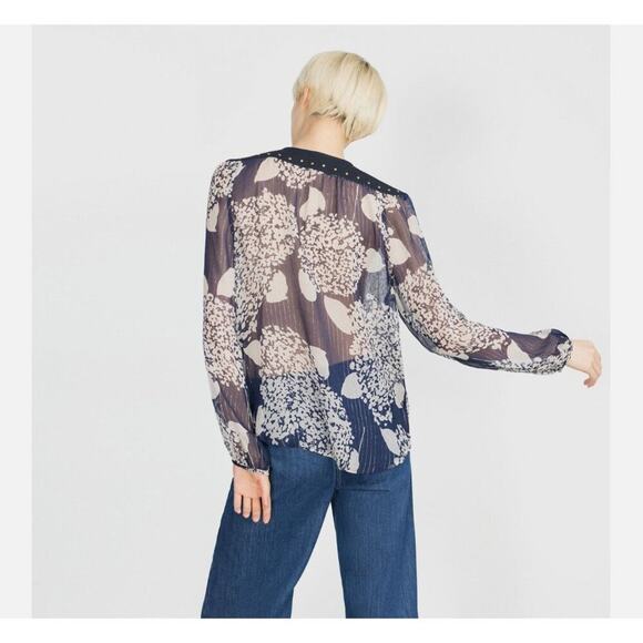 Zara Mulberry Silk Navy/Ecru Long Sleeve Blouse with Studs Women's Size Medium N - Picture 8 of 16